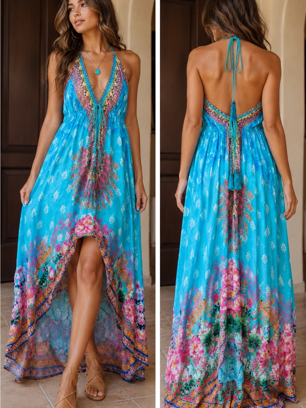 NWOT Boho Halter Maxi Dress in Turquoise with Floral Print OS